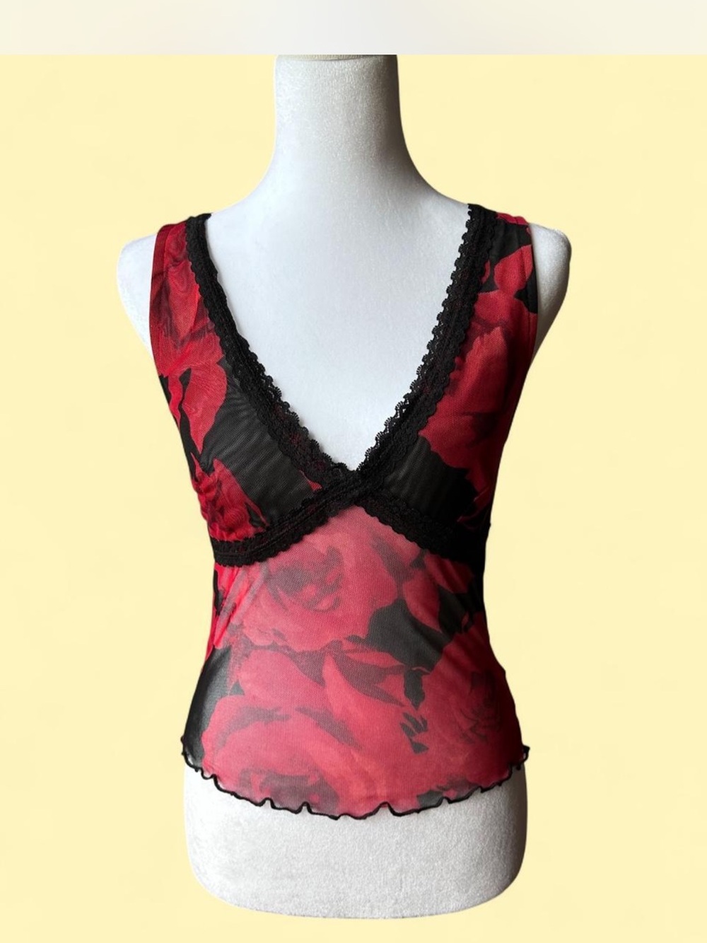 Goth Silence + Noise Red Rose Sheer Lace Trim V-Neck Camisole Whimsigoth